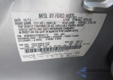 2012 Ford Flex Sel из США, поврежденный, VIN 2FMGK5CC2CBD09172